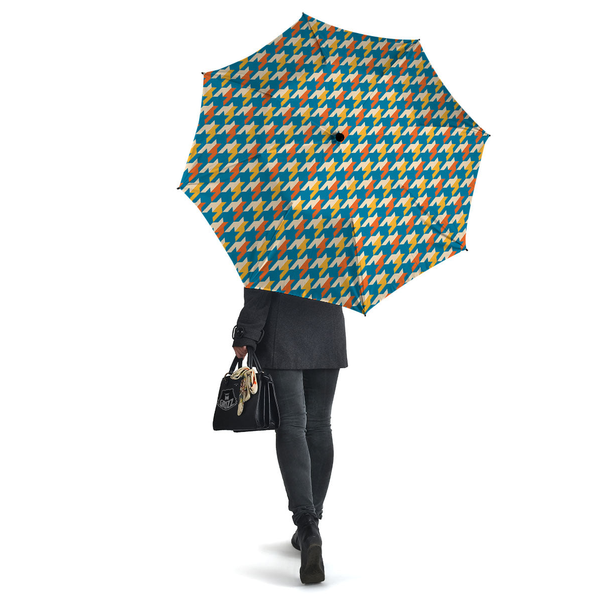 Houndstooth Blue And Orange Print Umbrella-grizzshop