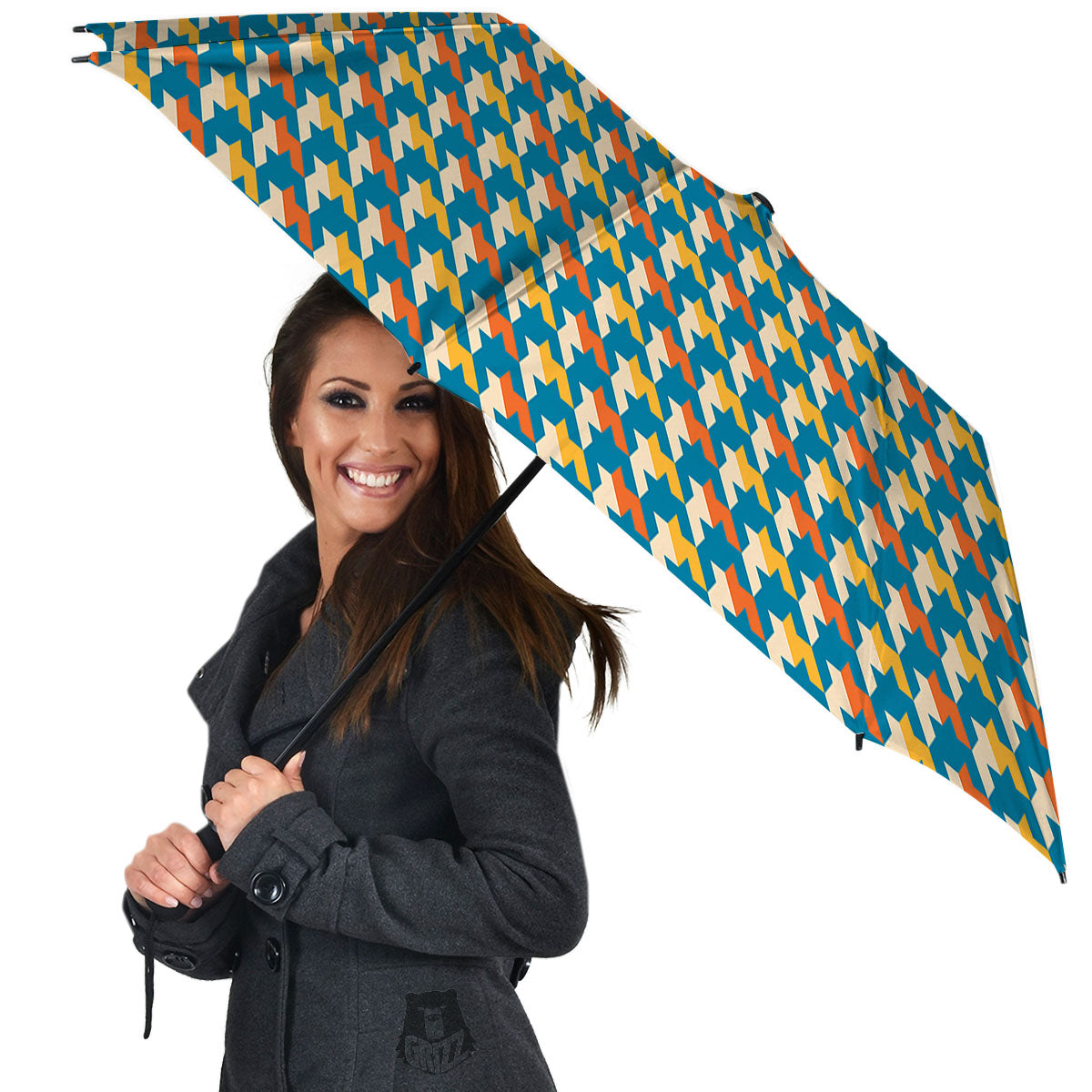 Houndstooth Blue And Orange Print Umbrella-grizzshop