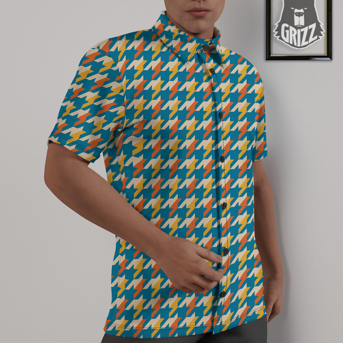 Houndstooth Blue And Orange Print Untucked Shirts-grizzshop