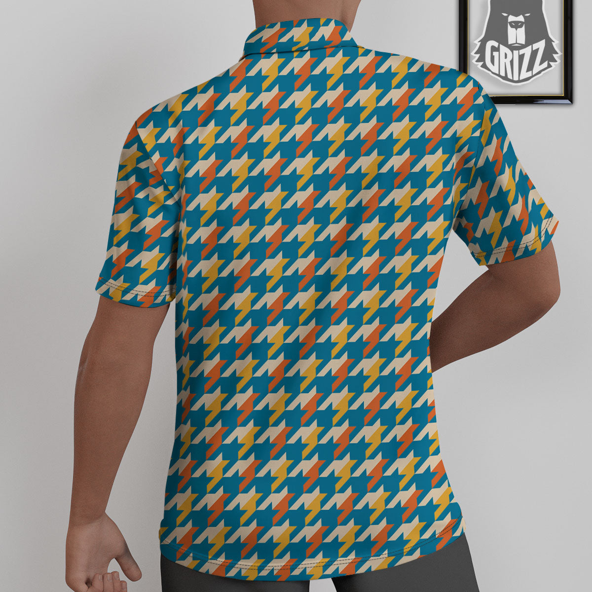 Houndstooth Blue And Orange Print Untucked Shirts-grizzshop