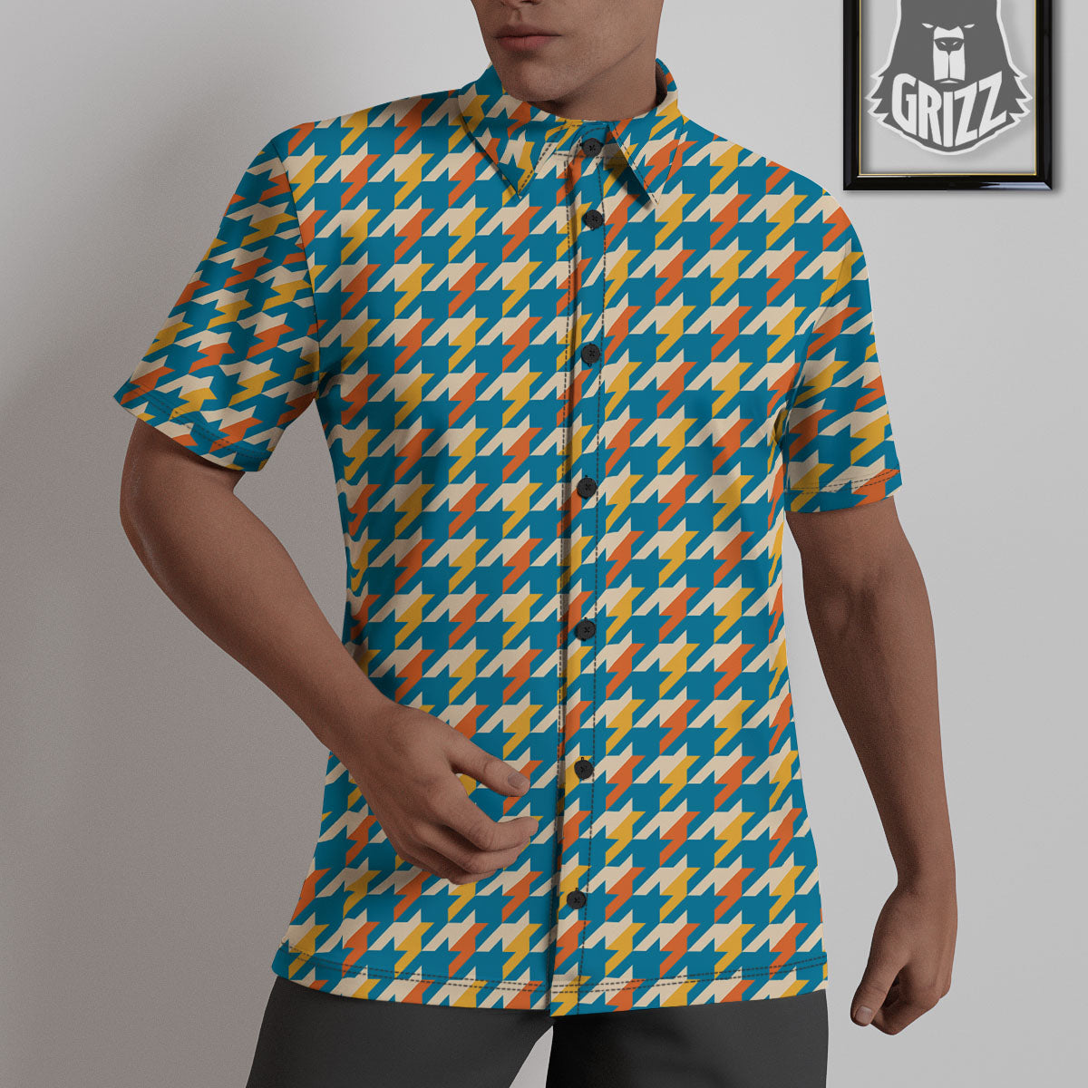 Houndstooth Blue And Orange Print Untucked Shirts-grizzshop