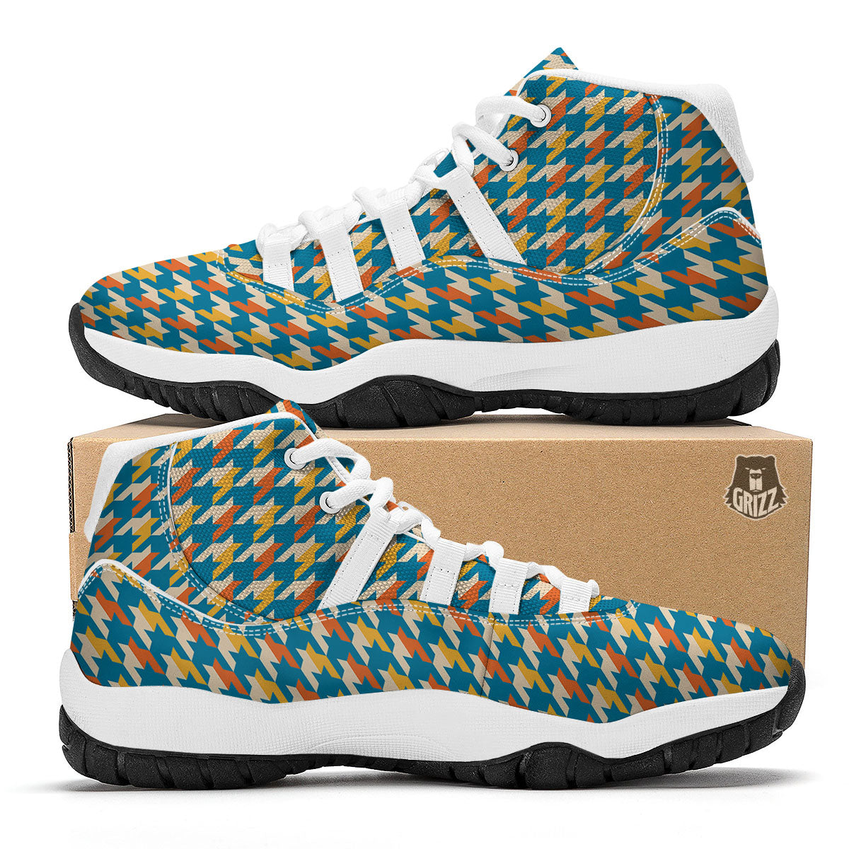 Houndstooth Blue And Orange Print White Bball Shoes-grizzshop