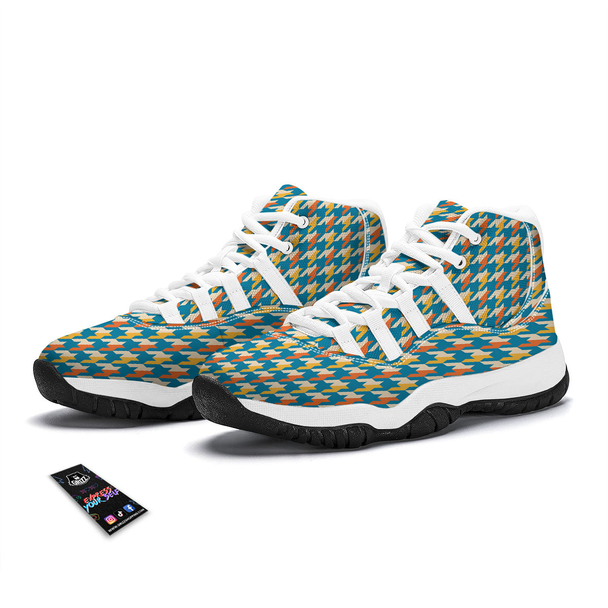 Houndstooth Blue And Orange Print White Bball Shoes-grizzshop