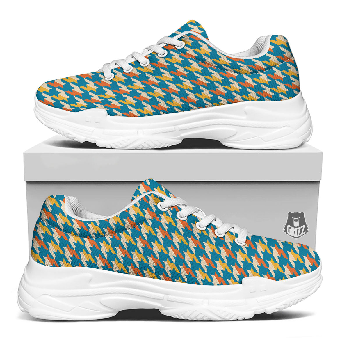 Houndstooth Blue And Orange Print White Chunky Shoes-grizzshop