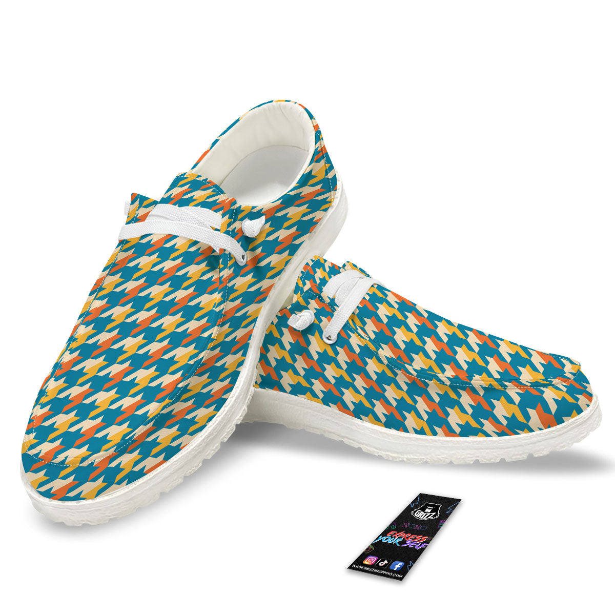 Houndstooth Blue And Orange Print White Loafers-grizzshop
