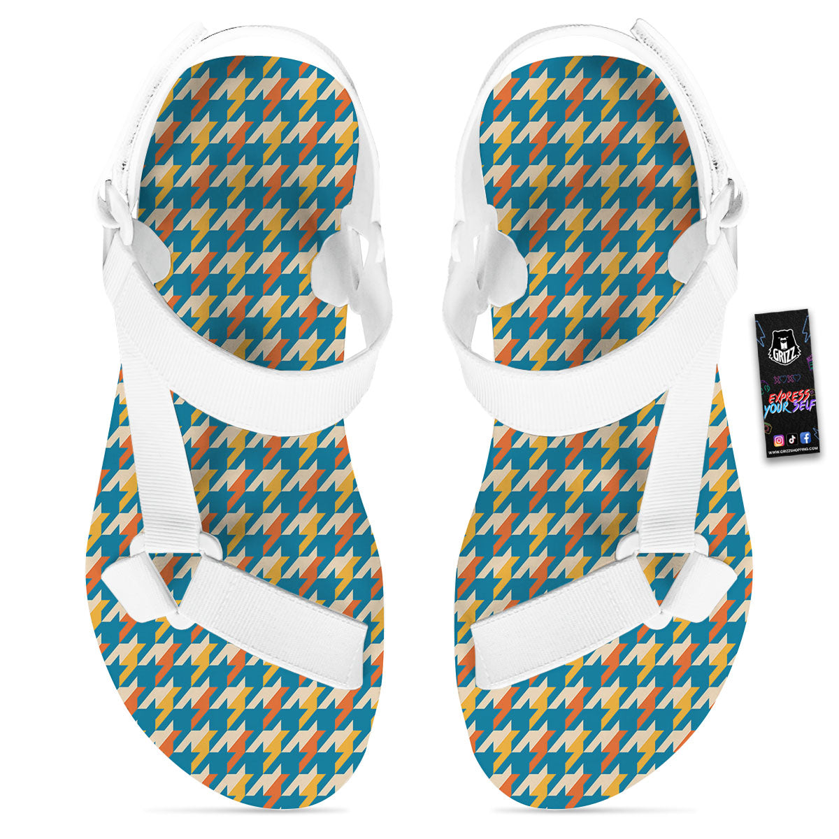 Houndstooth Blue And Orange Print White Open Toe Sandals-grizzshop