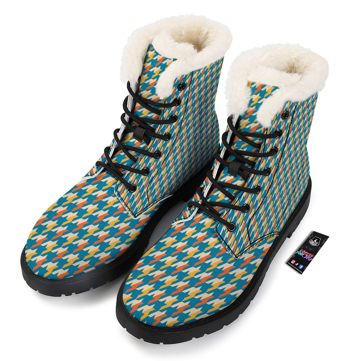 Houndstooth Blue And Orange Print Winter Boots-grizzshop