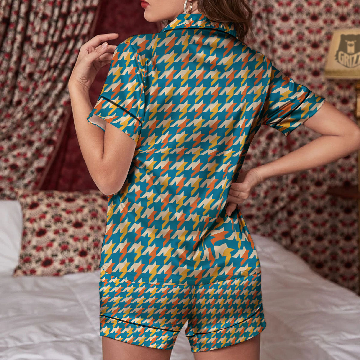 Houndstooth Blue And Orange Print Women Silk Pajamas-grizzshop