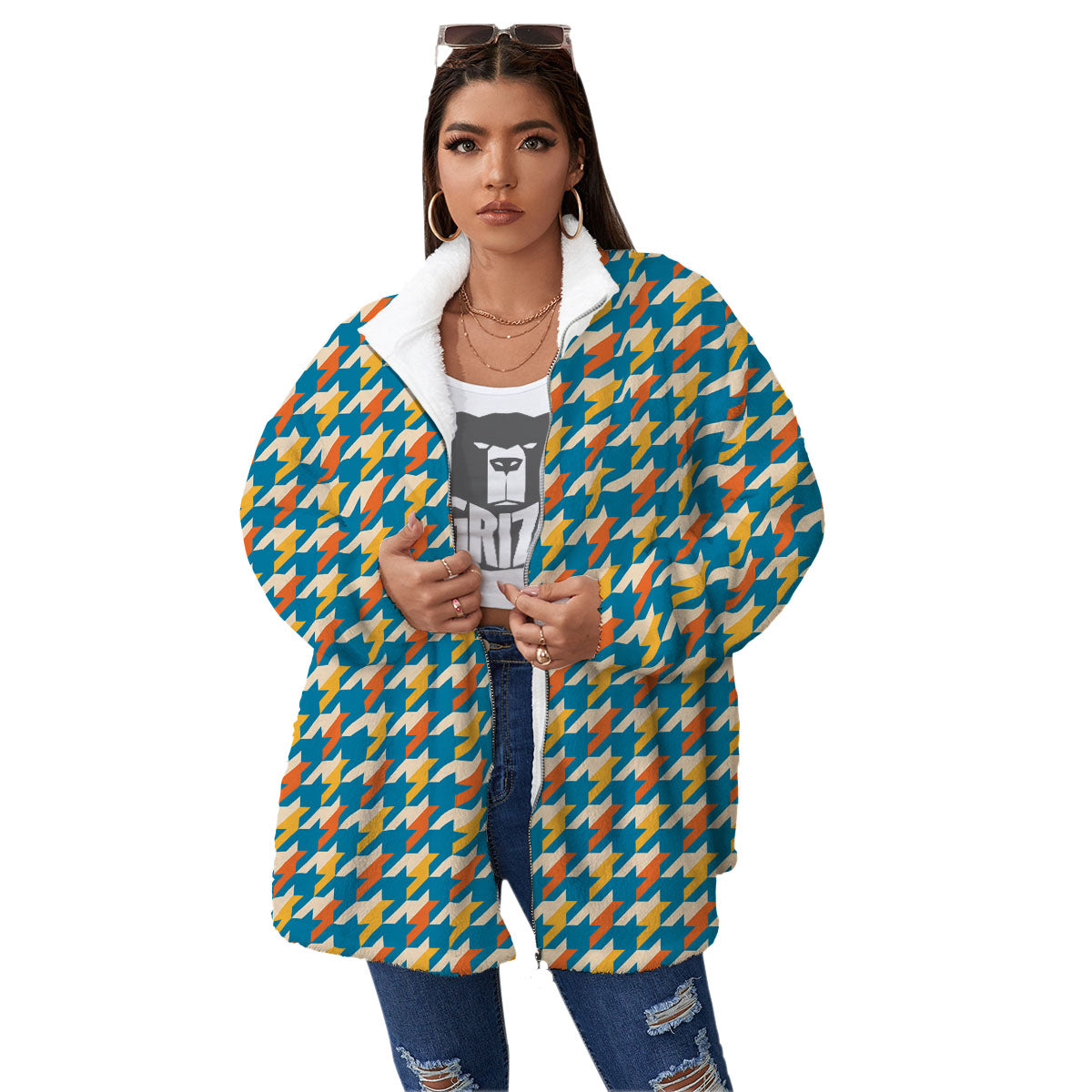 Houndstooth Blue And Orange Print Women's Sherpa Jacket-grizzshop