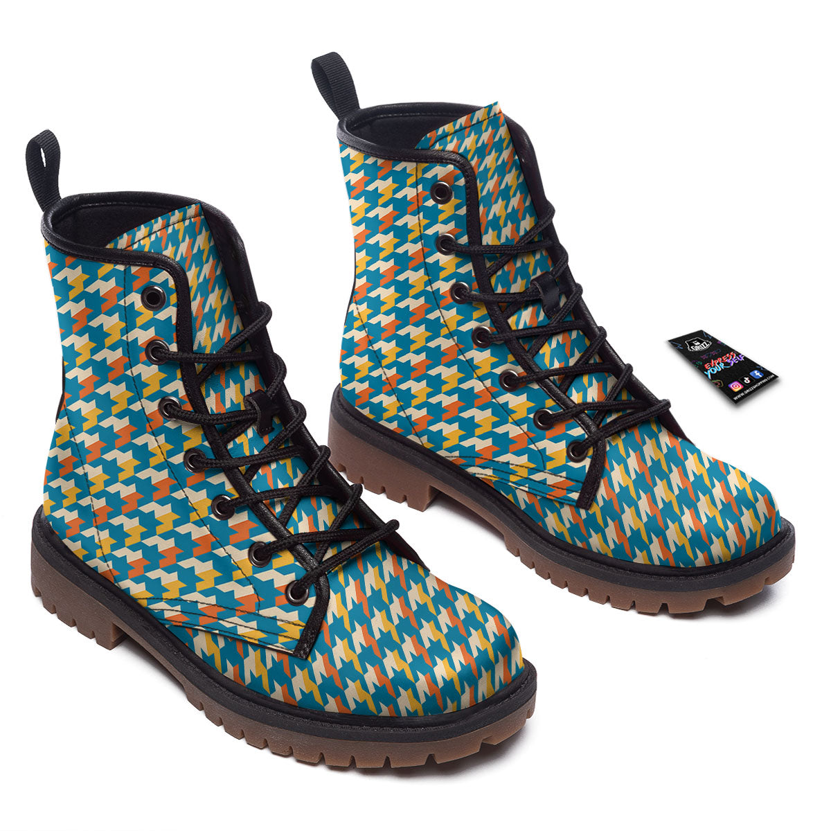 Houndstooth Blue And Orange Print Work Boots-grizzshop