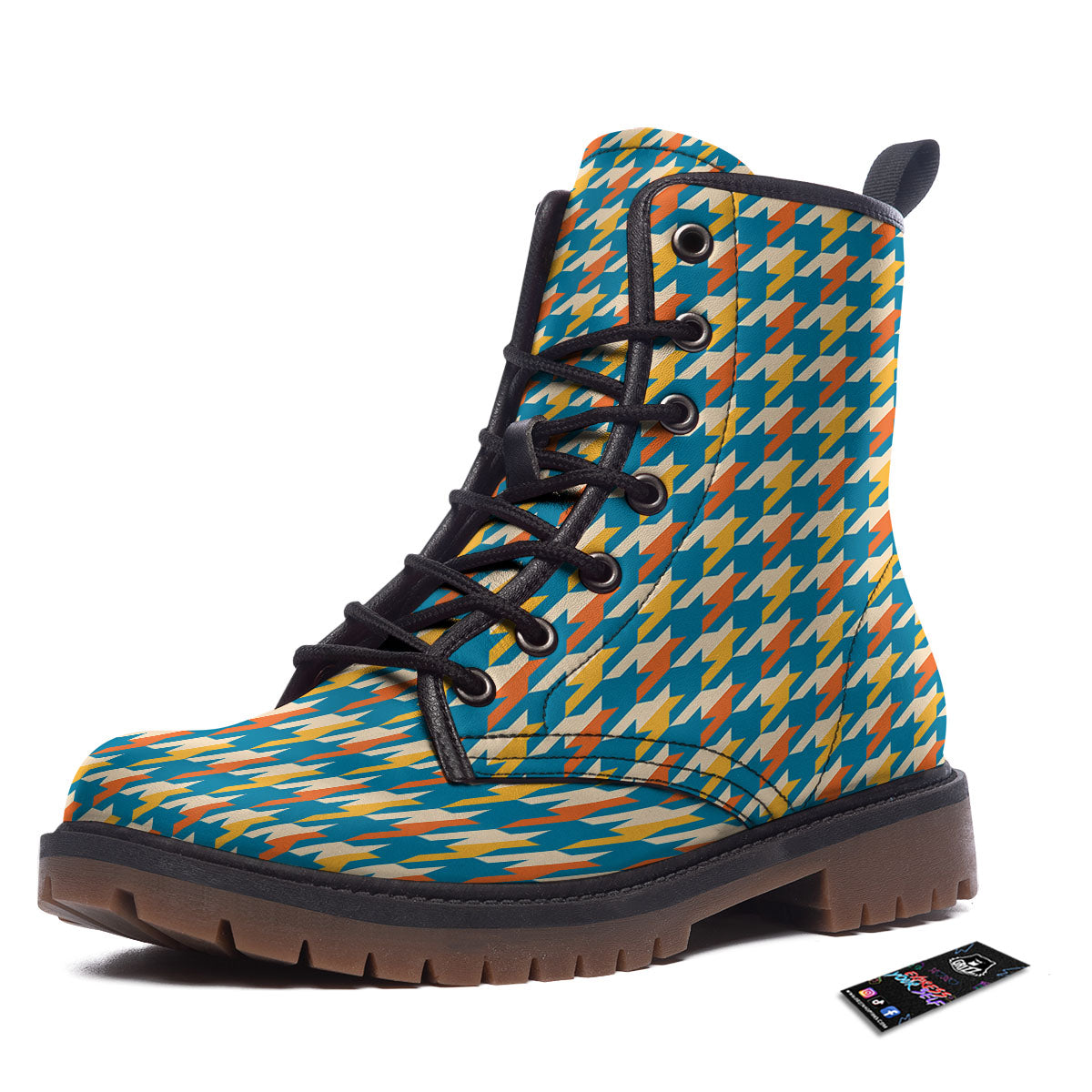 Houndstooth Blue And Orange Print Work Boots-grizzshop