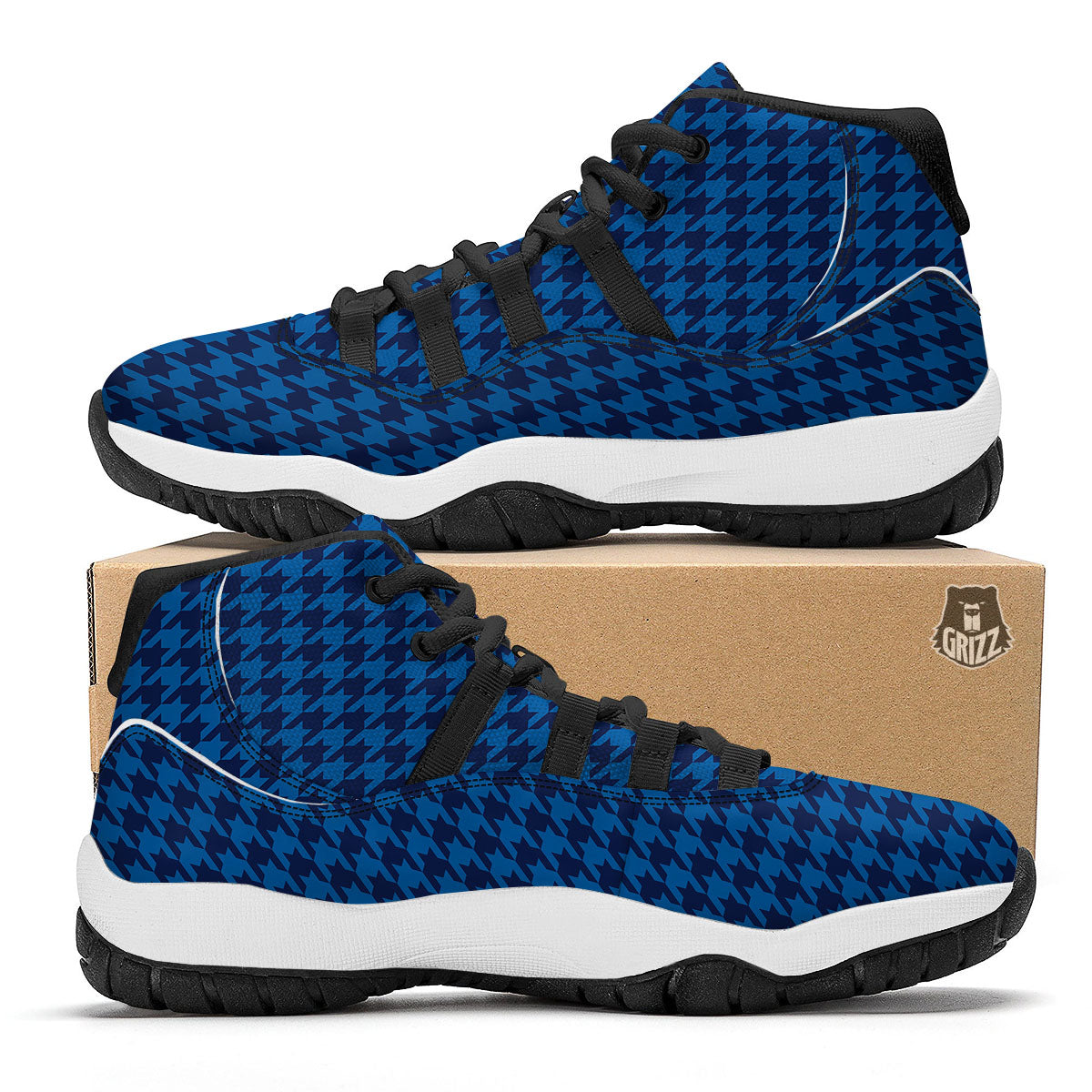 Houndstooth Blue Print Pattern Black Bball Shoes-grizzshop