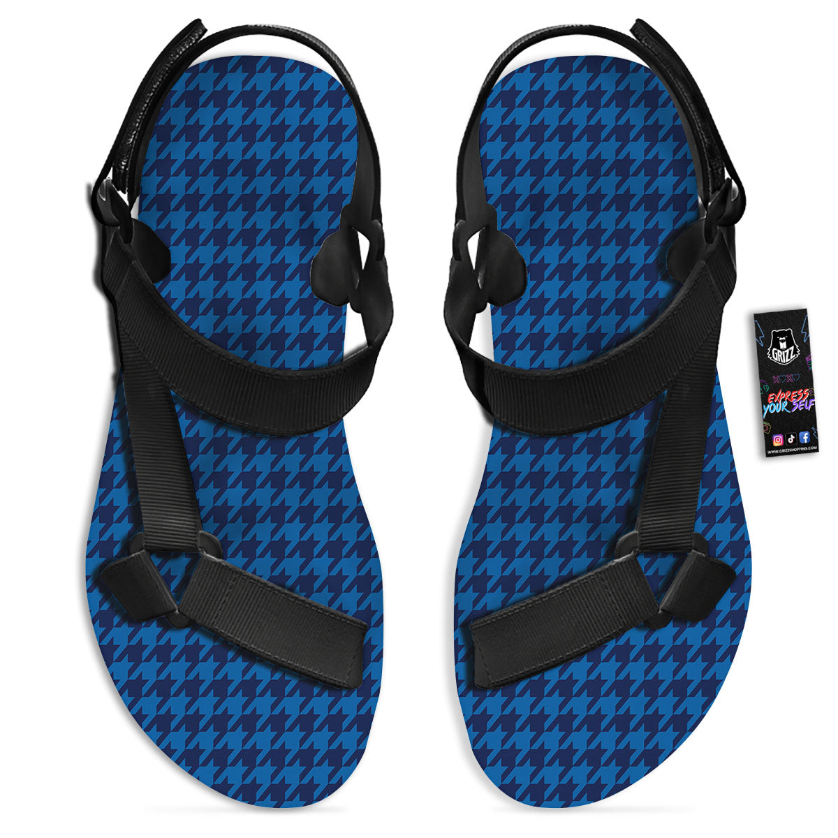 Houndstooth Blue Print Pattern Black Open Toe Sandals-grizzshop