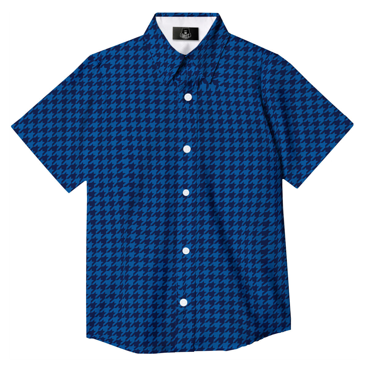Houndstooth Blue Print Pattern Button Up Shirt-grizzshop