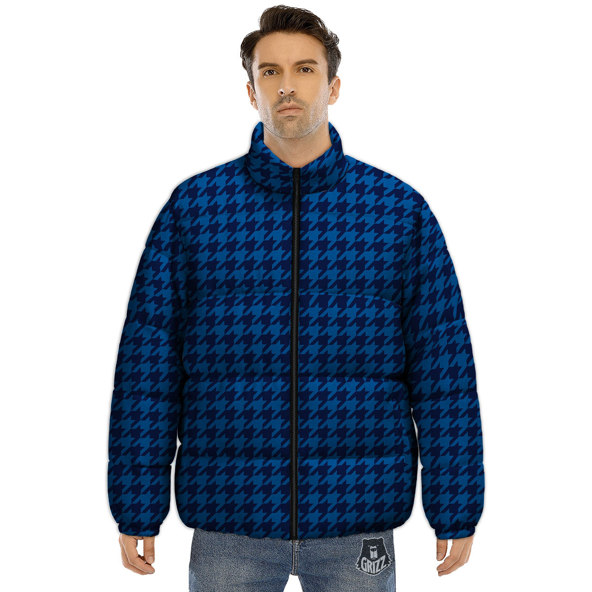 Houndstooth Blue Print Pattern Puffer Jacket-grizzshop