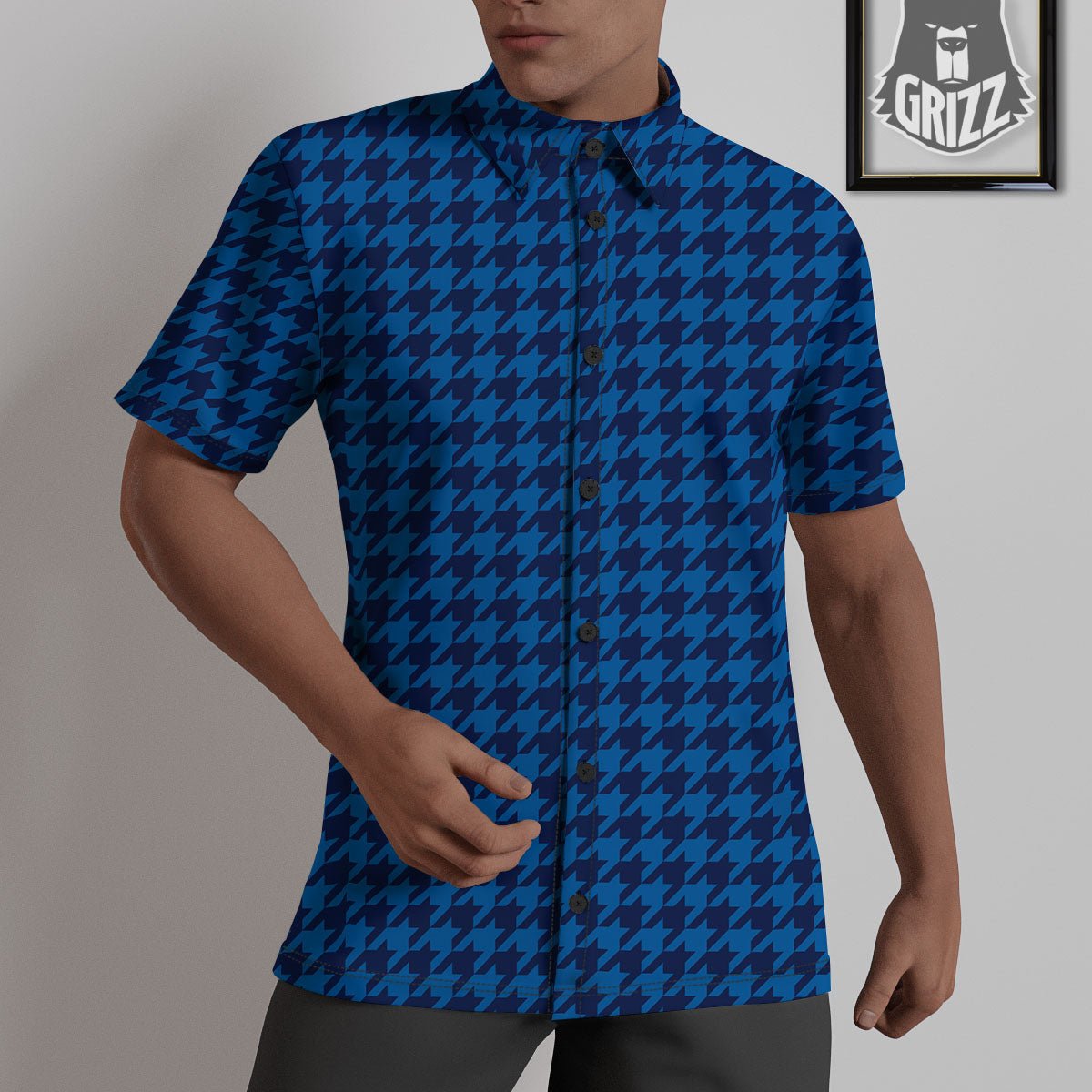 Houndstooth Blue Print Pattern Untucked Shirts-grizzshop