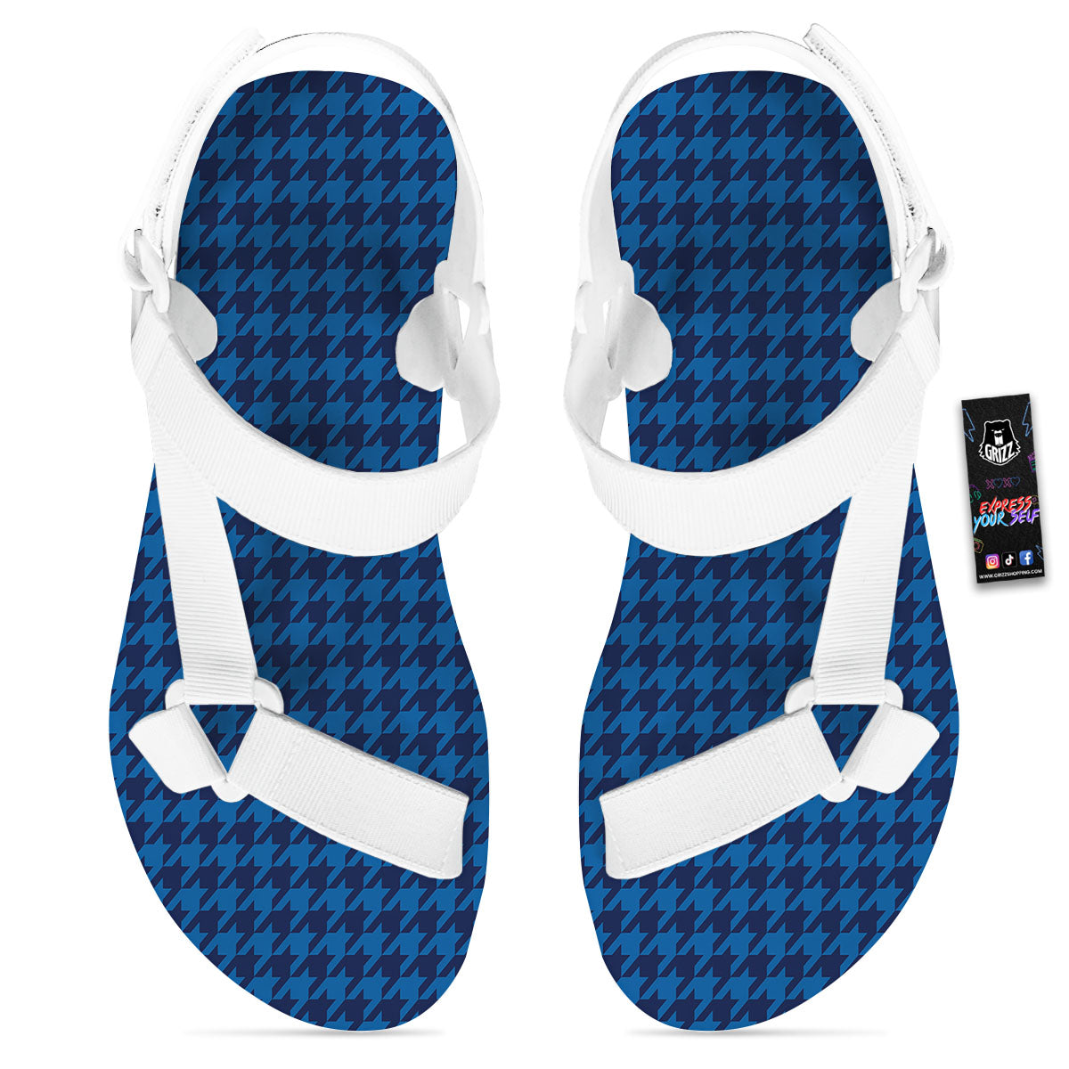 Houndstooth Blue Print Pattern White Open Toe Sandals-grizzshop