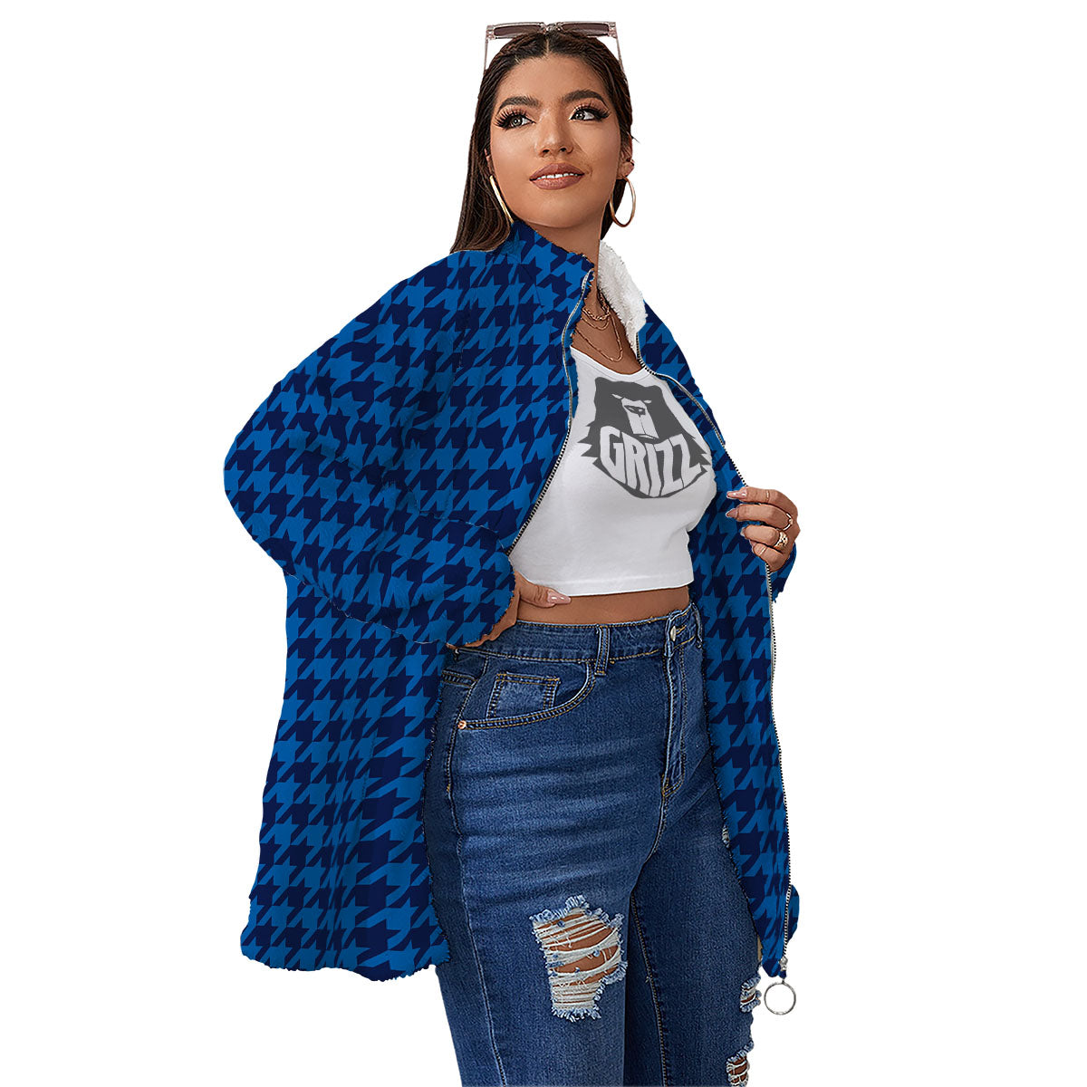 Houndstooth Blue Print Pattern Women's Sherpa Jacket-grizzshop