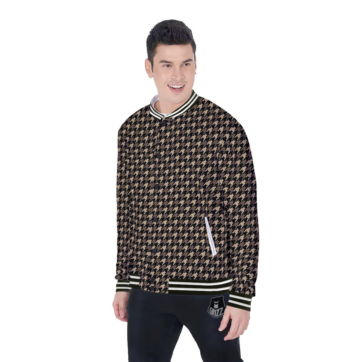 Houndstooth Brown Print Pattern Baseball Jacket-grizzshop