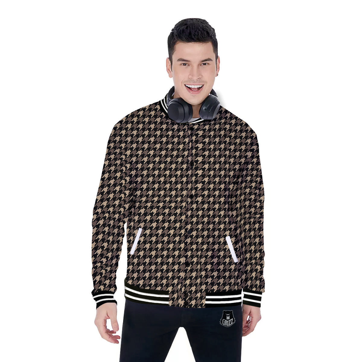 Houndstooth Brown Print Pattern Baseball Jacket-grizzshop
