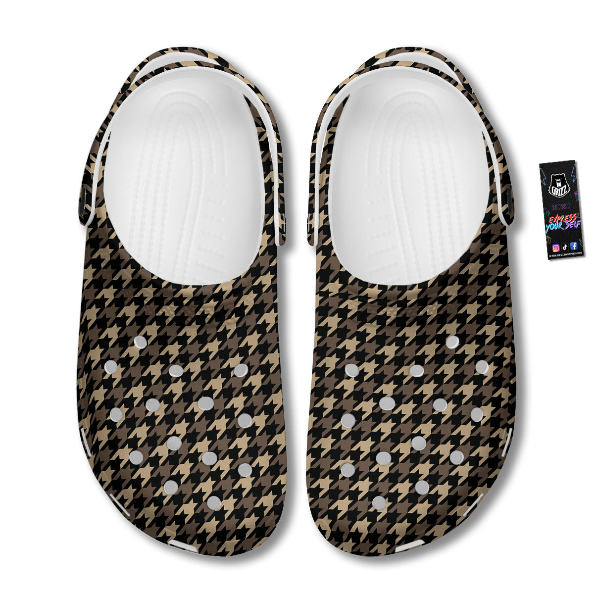 Houndstooth Brown Print Pattern Clog-grizzshop