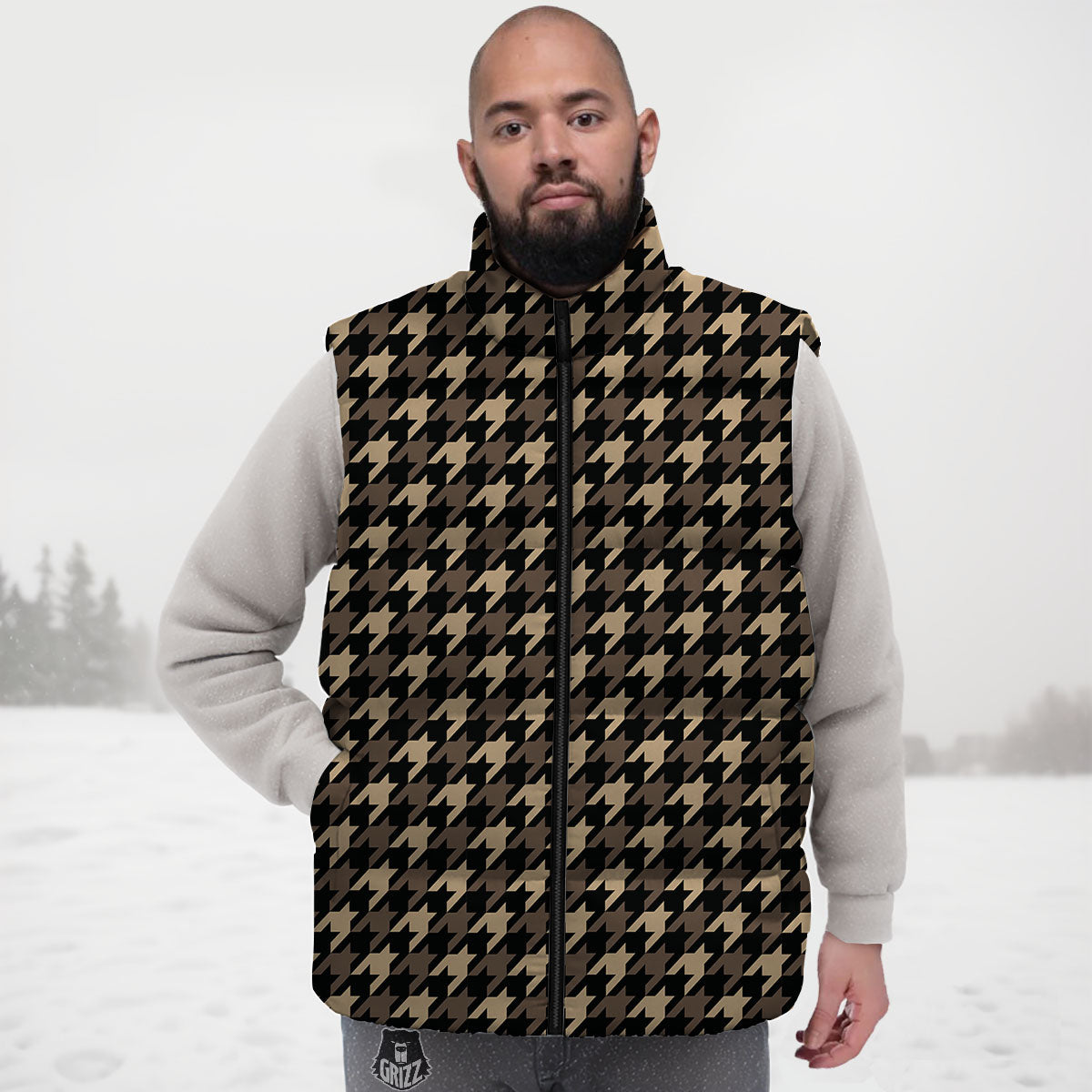 Houndstooth Brown Print Pattern Down Vest
