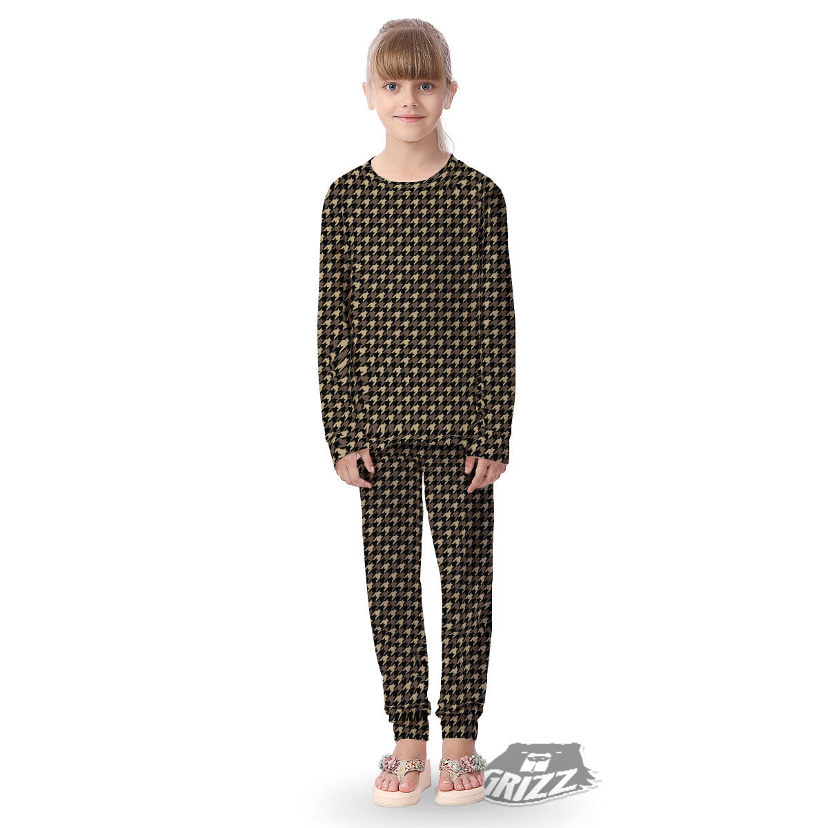 Houndstooth Brown Print Pattern Kid's Pajamas-grizzshop