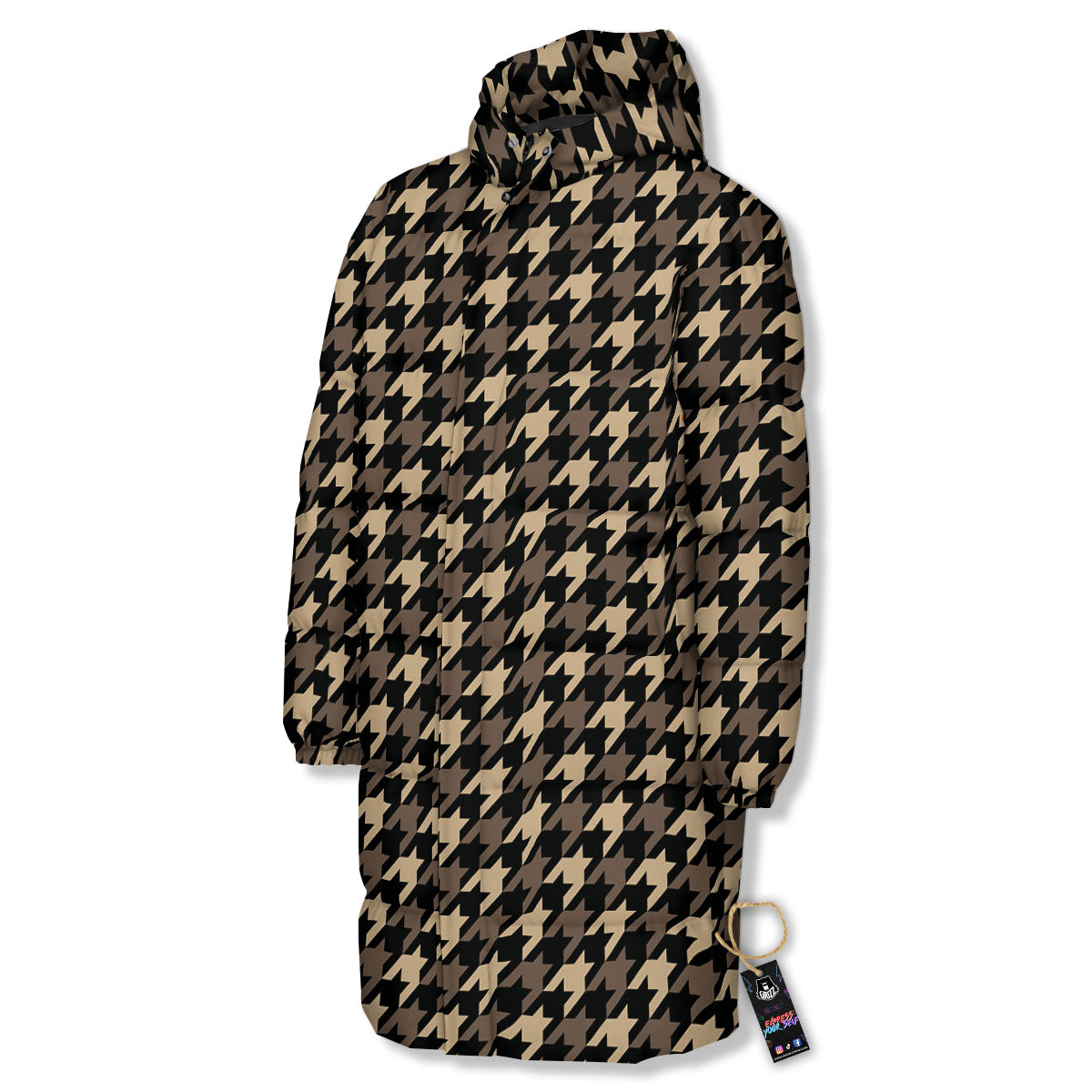 Houndstooth Brown Print Pattern Long Down Jacket-grizzshop