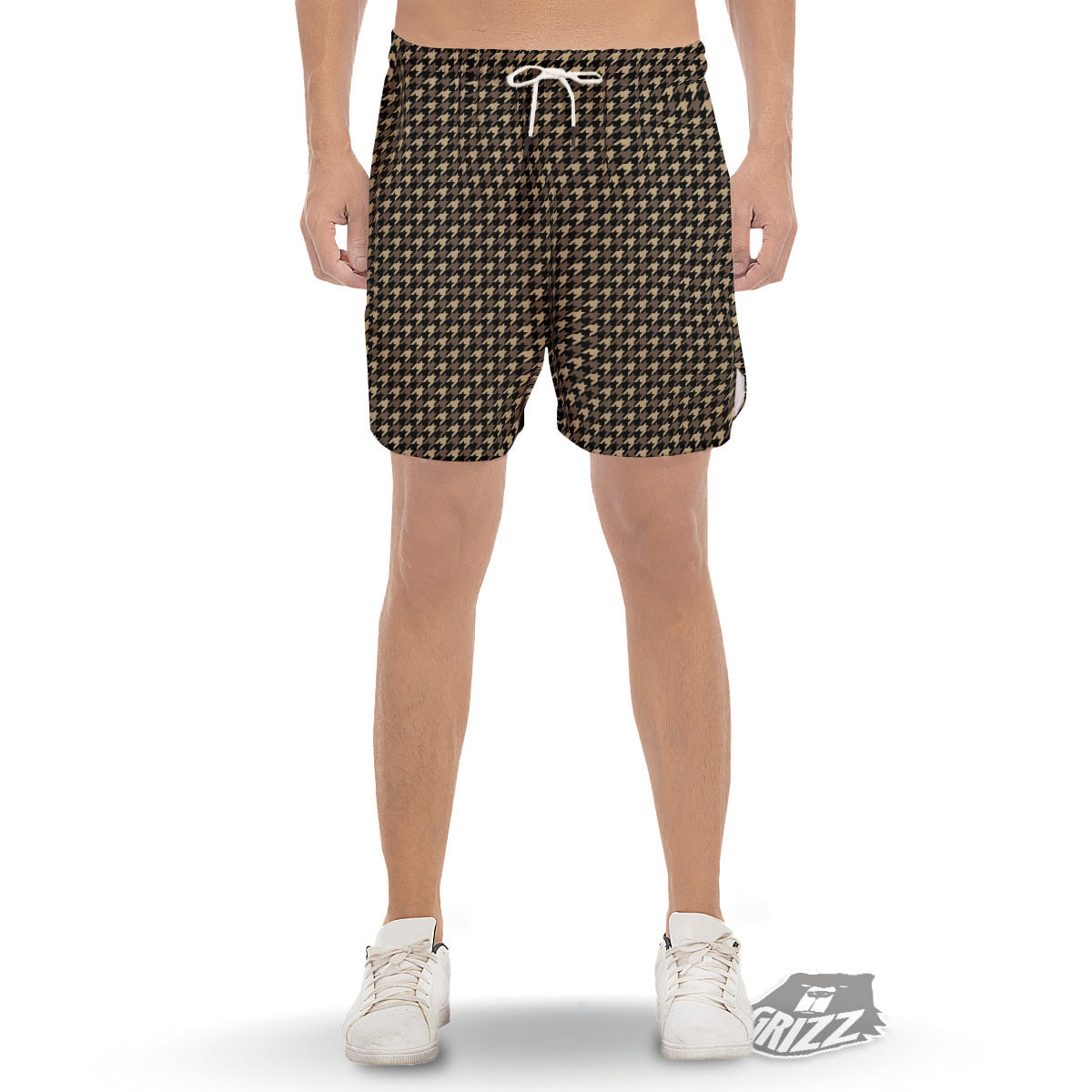 Houndstooth Brown Print Pattern Men's Gym Shorts-grizzshop