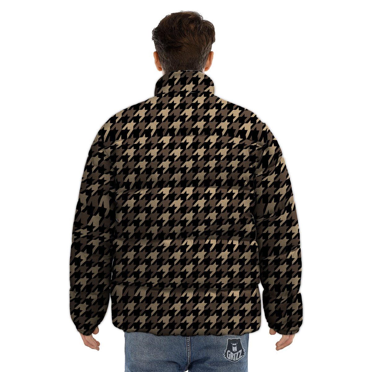 Houndstooth Brown Print Pattern Puffer Jacket-grizzshop