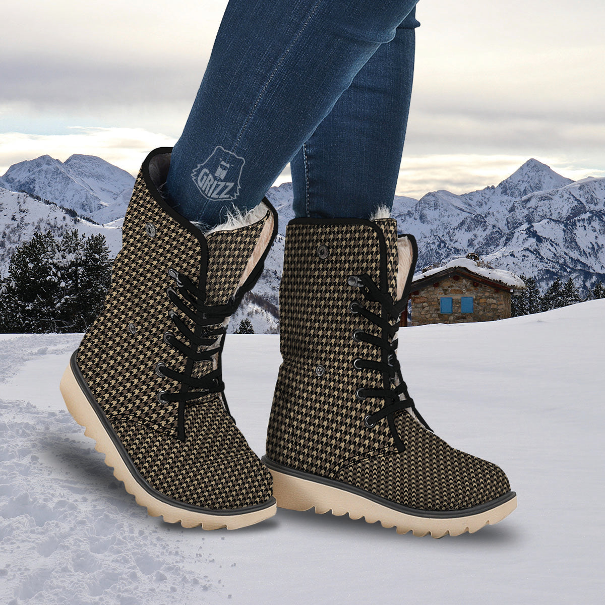 Houndstooth Brown Print Pattern Snow Boots-grizzshop