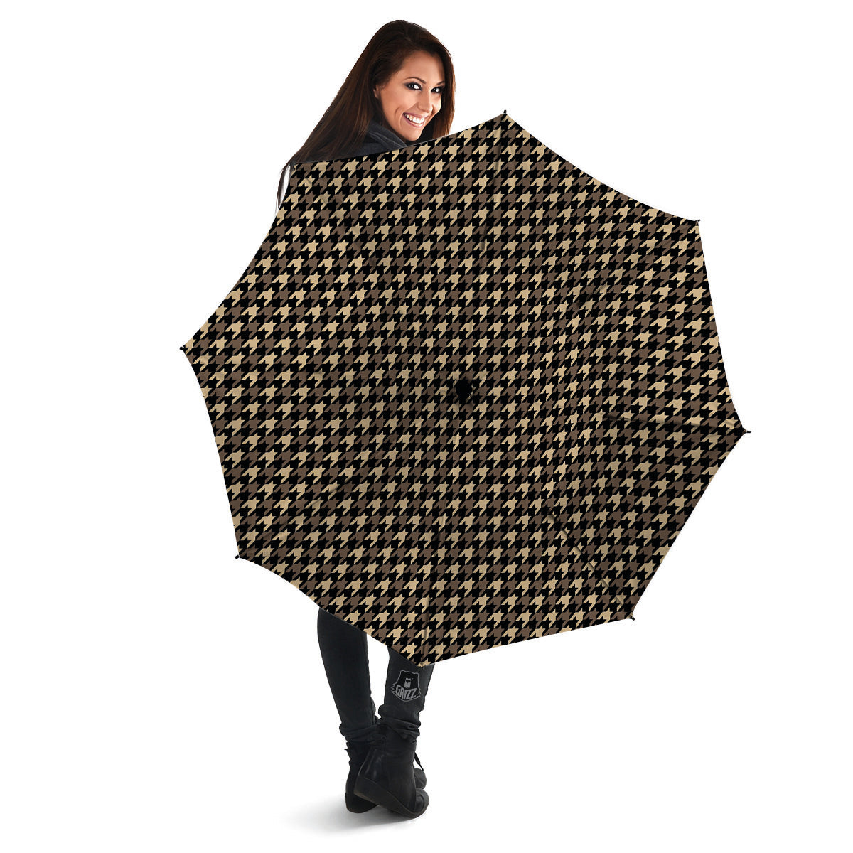 Houndstooth Brown Print Pattern Umbrella-grizzshop
