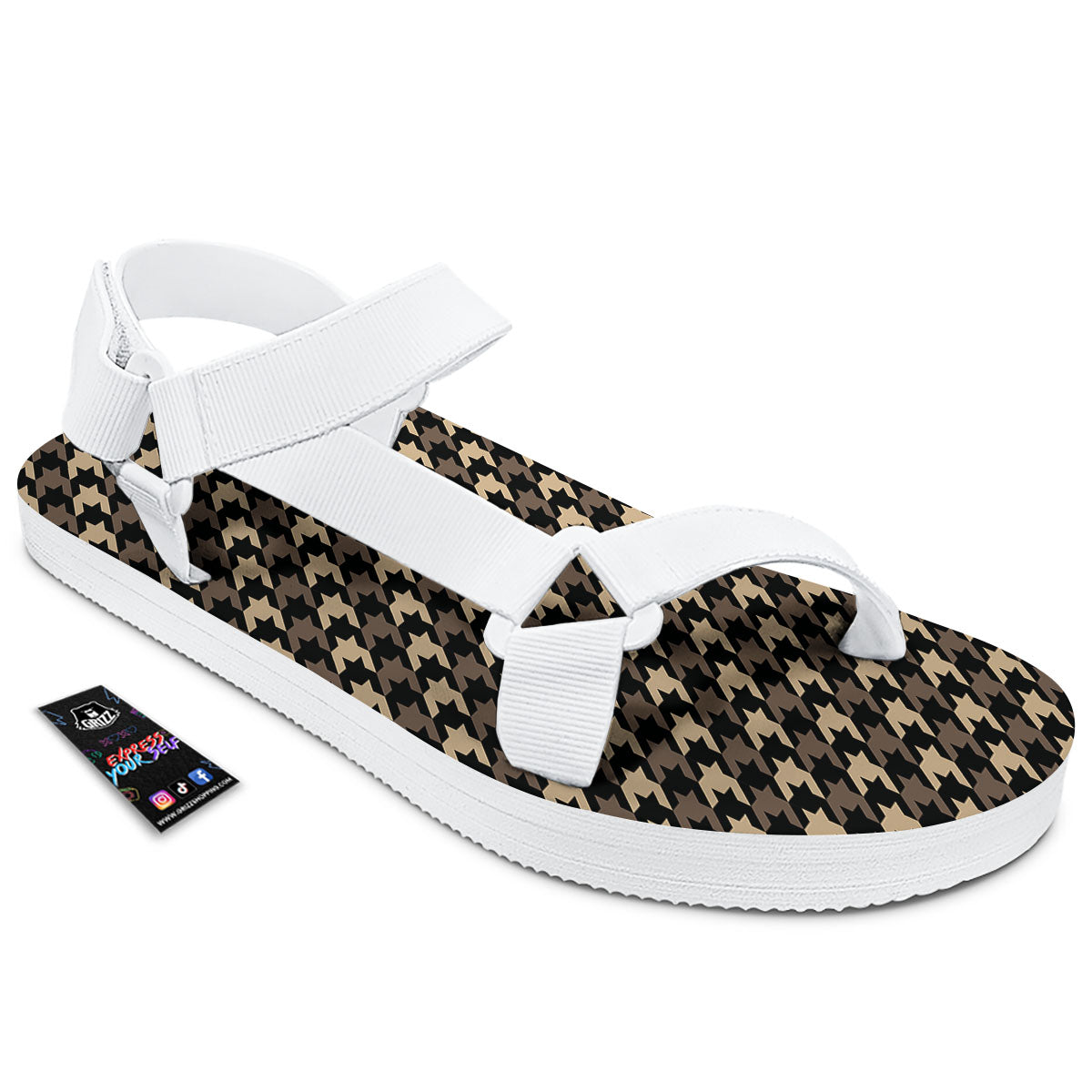 Houndstooth Brown Print Pattern White Open Toe Sandals-grizzshop
