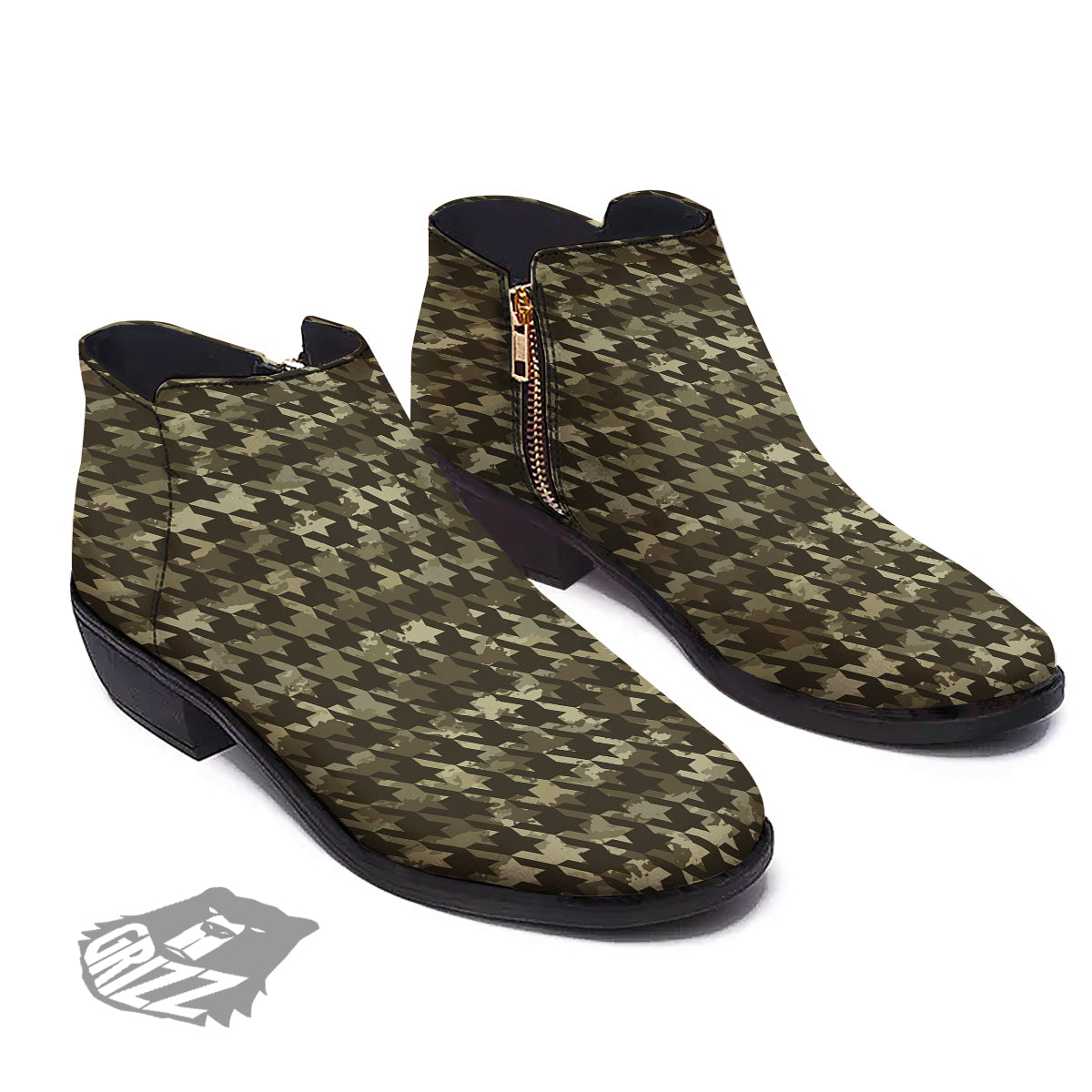 Houndstooth Camouflage Green Print Pattern Ankle Boots-grizzshop