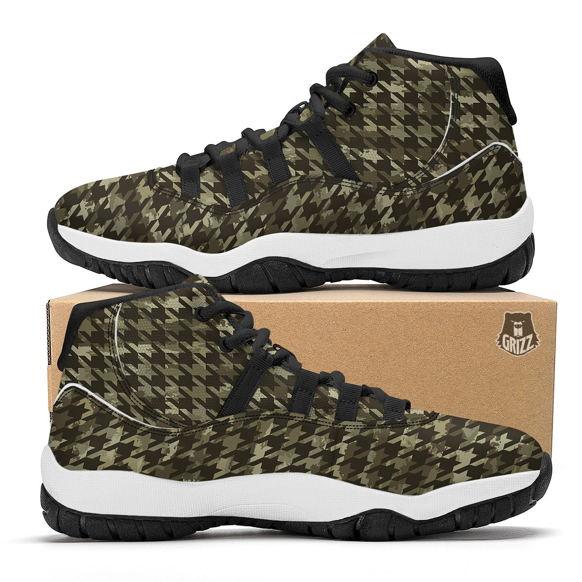Houndstooth Camouflage Green Print Pattern Black Bball Shoes-grizzshop