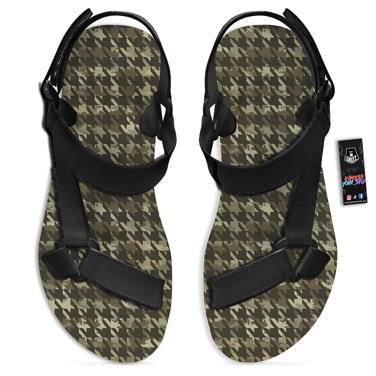 Houndstooth Camouflage Green Print Pattern Black Open Toe Sandals-grizzshop