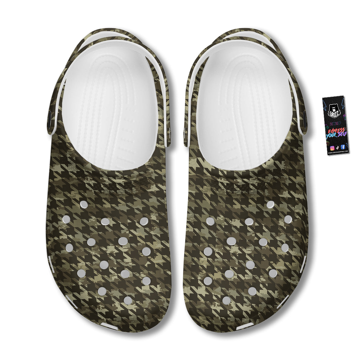 Houndstooth Camouflage Green Print Pattern Clog-grizzshop