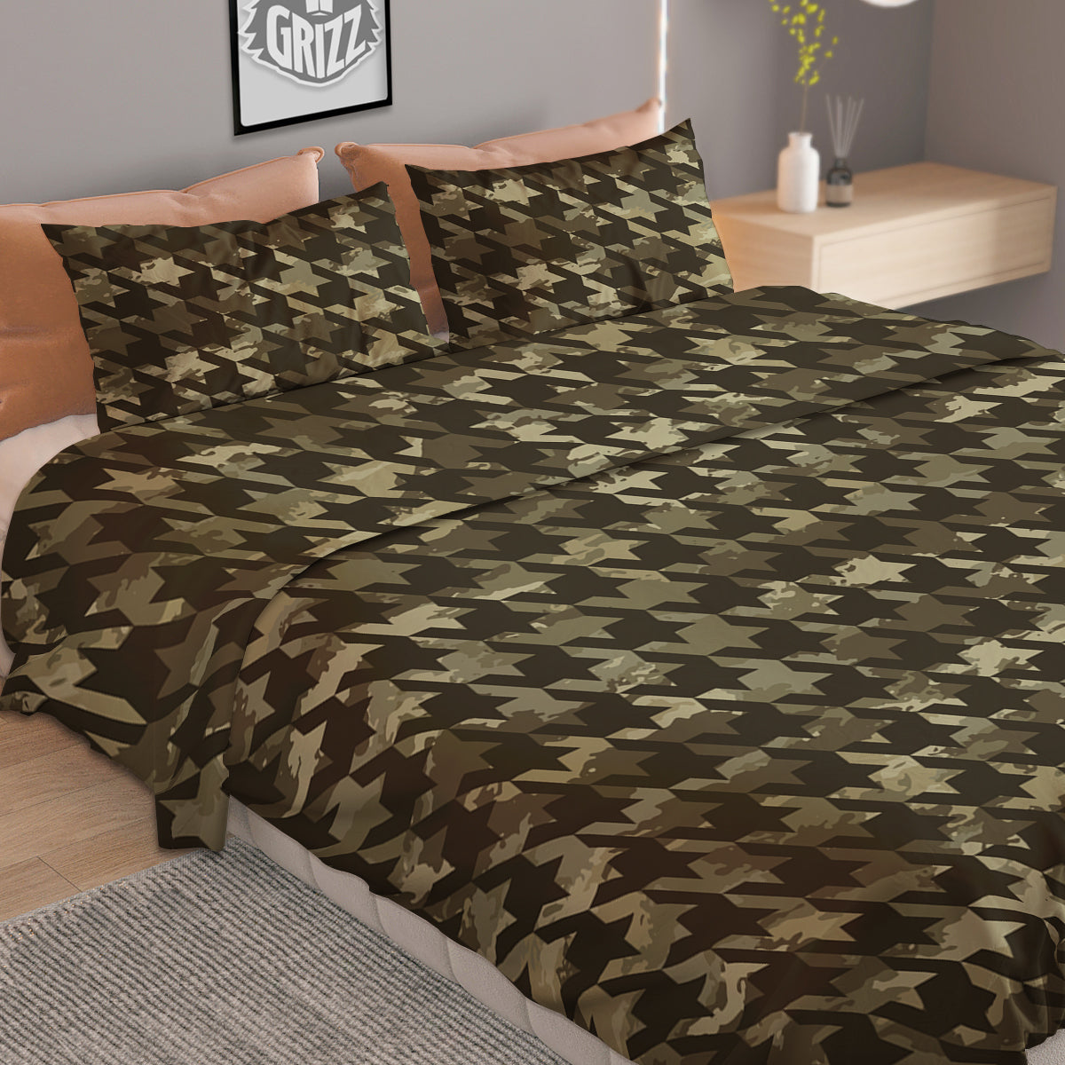 Houndstooth Camouflage Green Print Pattern Duvet Cover Bedding Set