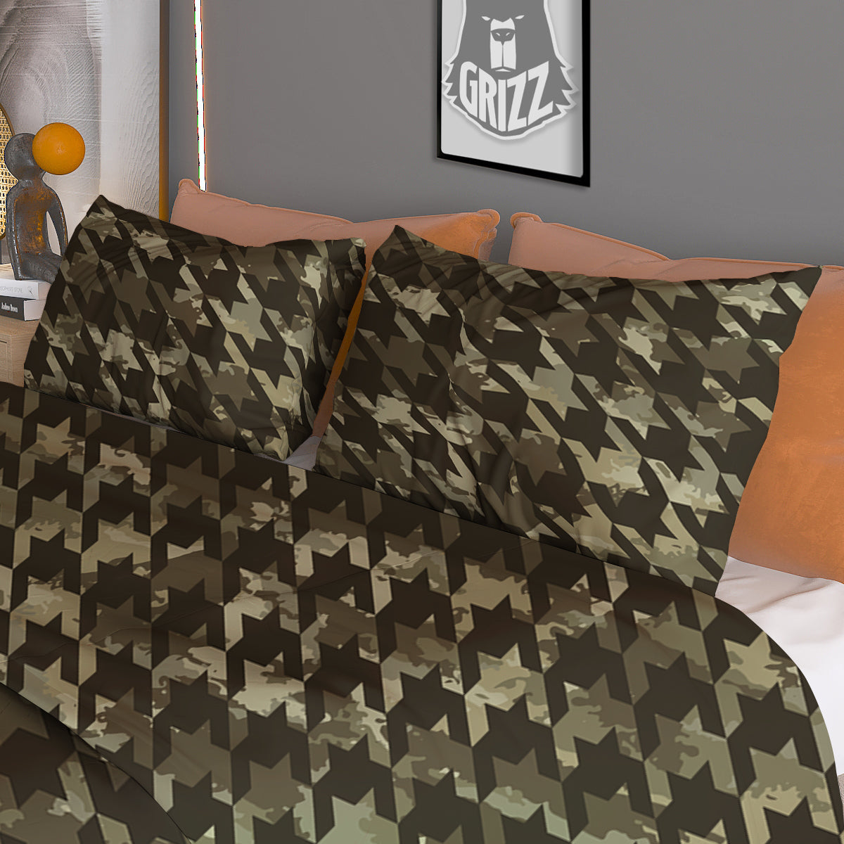Houndstooth Camouflage Green Print Pattern Duvet Cover Bedding Set