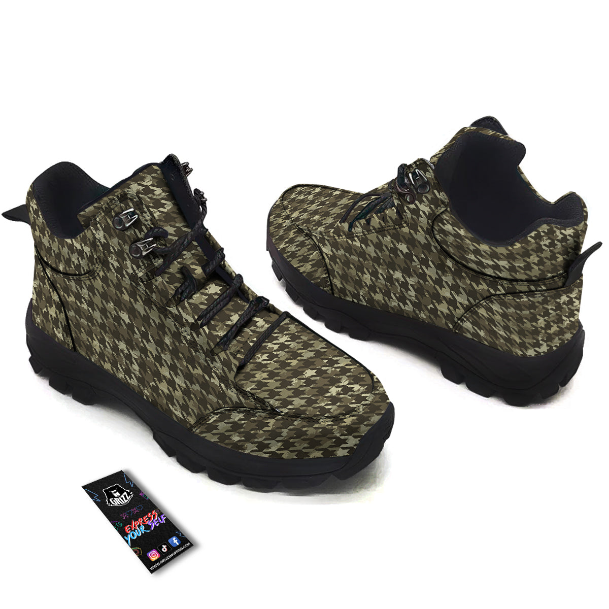 Houndstooth Camouflage Green Print Pattern Hiking Shoes-grizzshop