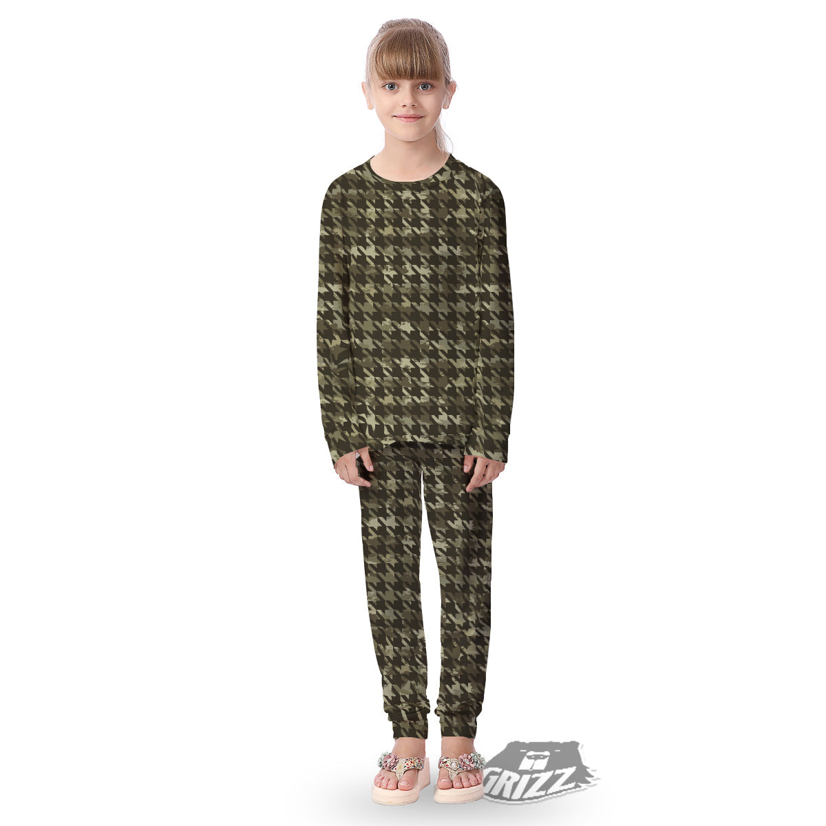 Houndstooth Camouflage Green Print Pattern Kid's Pajamas-grizzshop