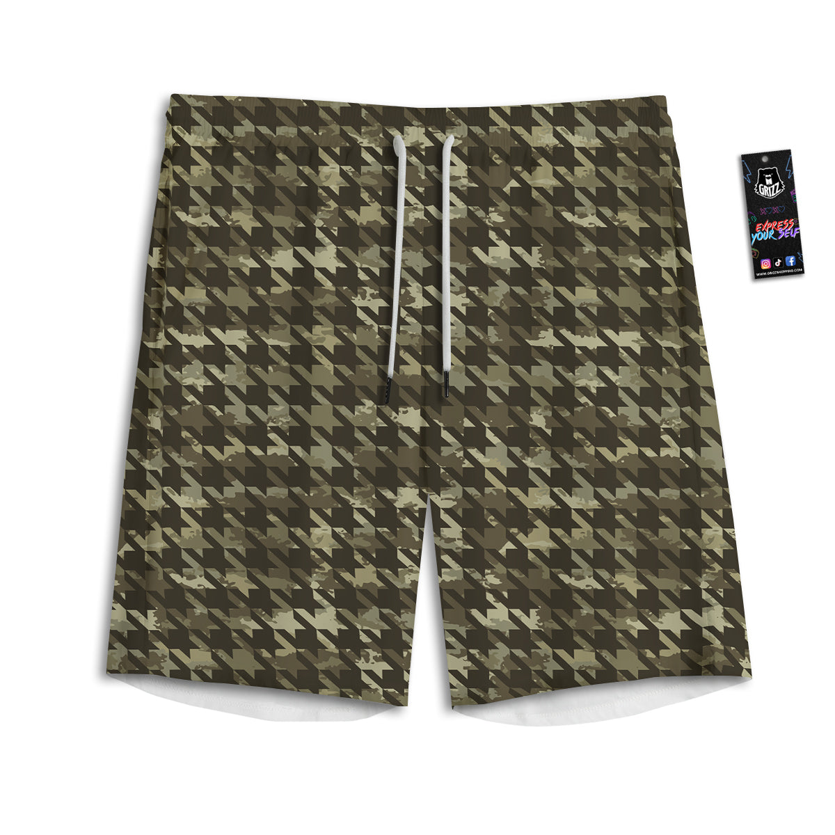 Houndstooth Camouflage Green Print Pattern Men's Athletic Shorts