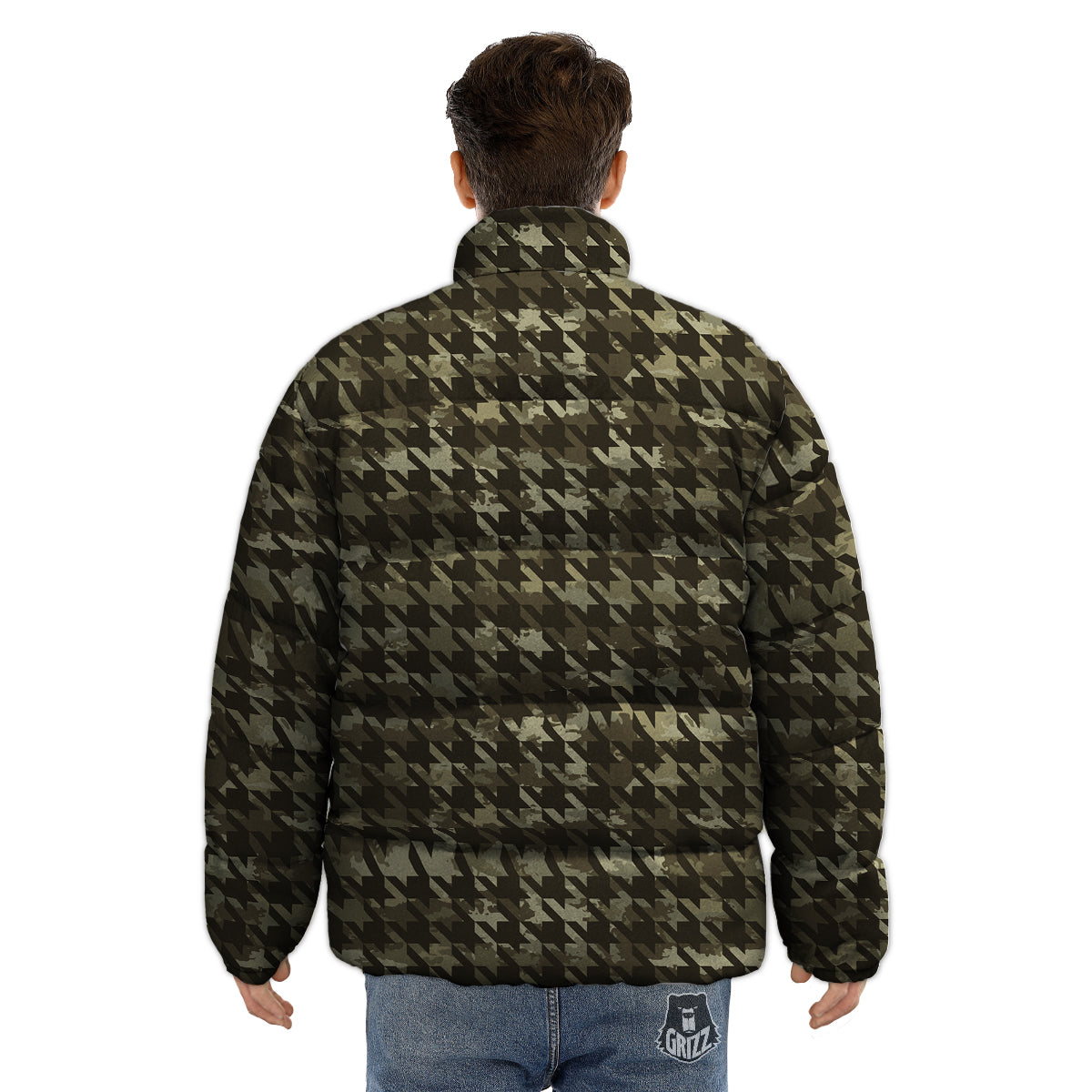 Houndstooth Camouflage Green Print Pattern Puffer Jacket-grizzshop