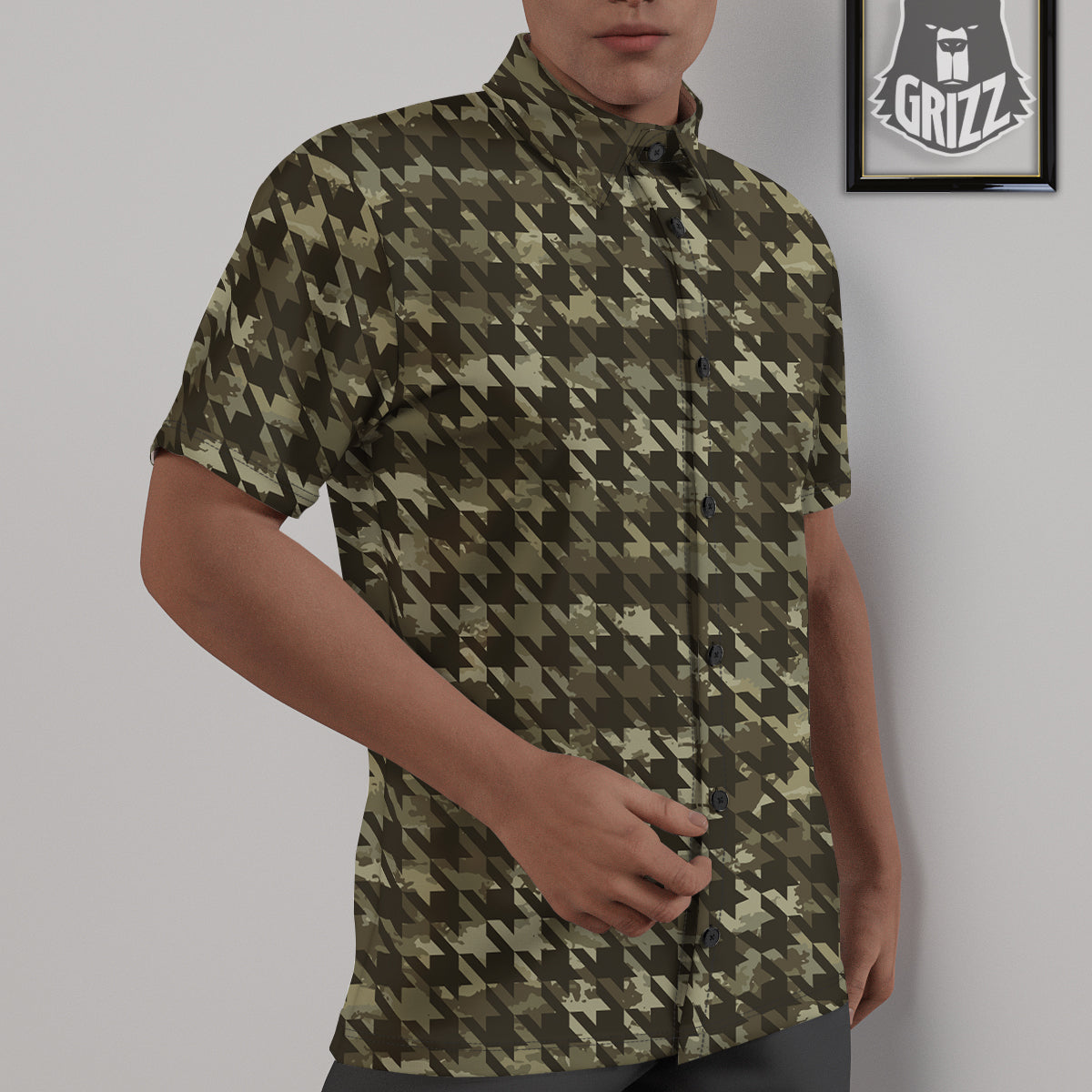 Houndstooth Camouflage Green Print Pattern Untucked Shirts-grizzshop