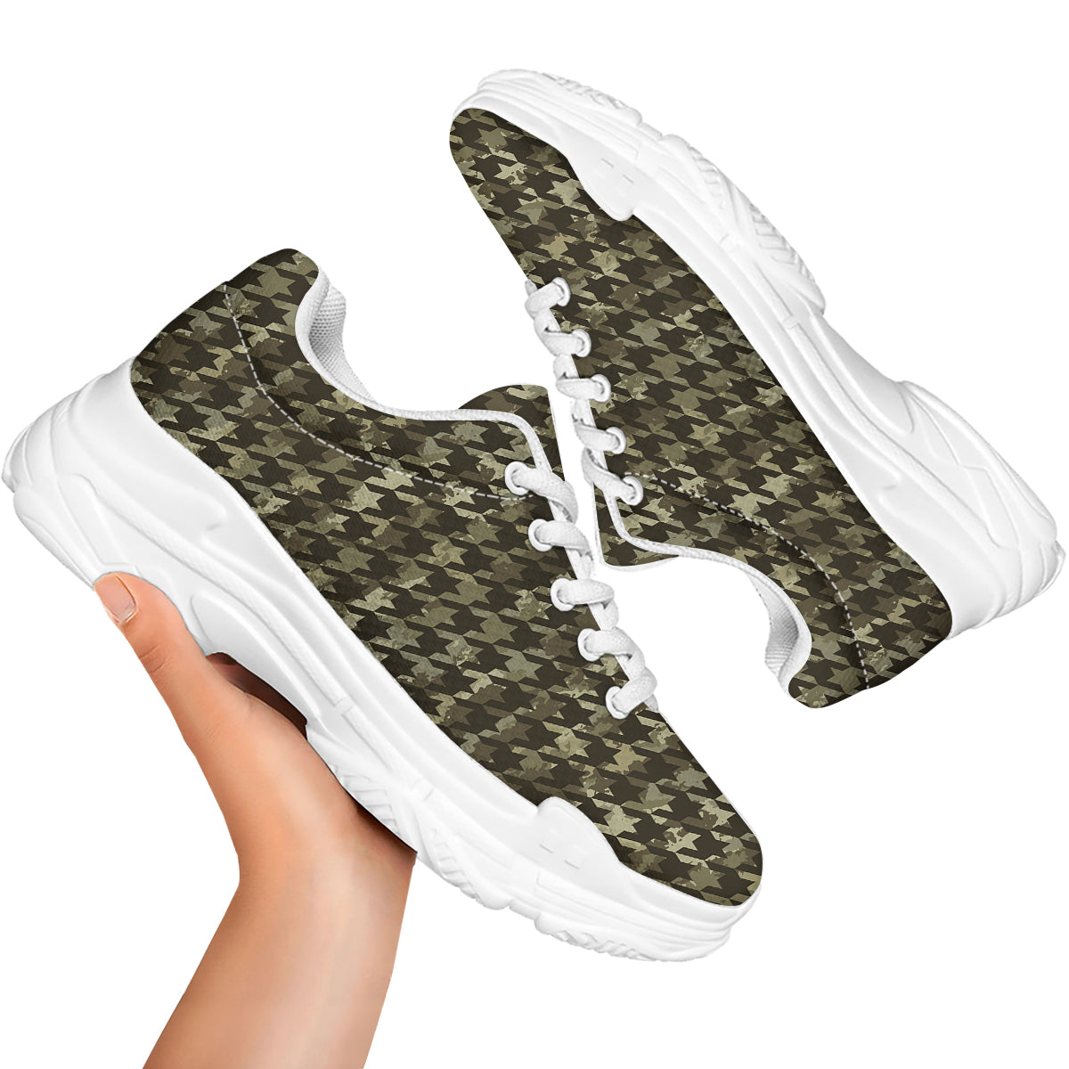 Houndstooth Camouflage Green Print Pattern White Chunky Shoes-grizzshop