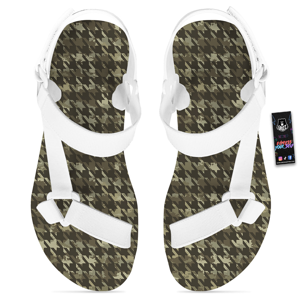 Houndstooth Camouflage Green Print Pattern White Open Toe Sandals-grizzshop