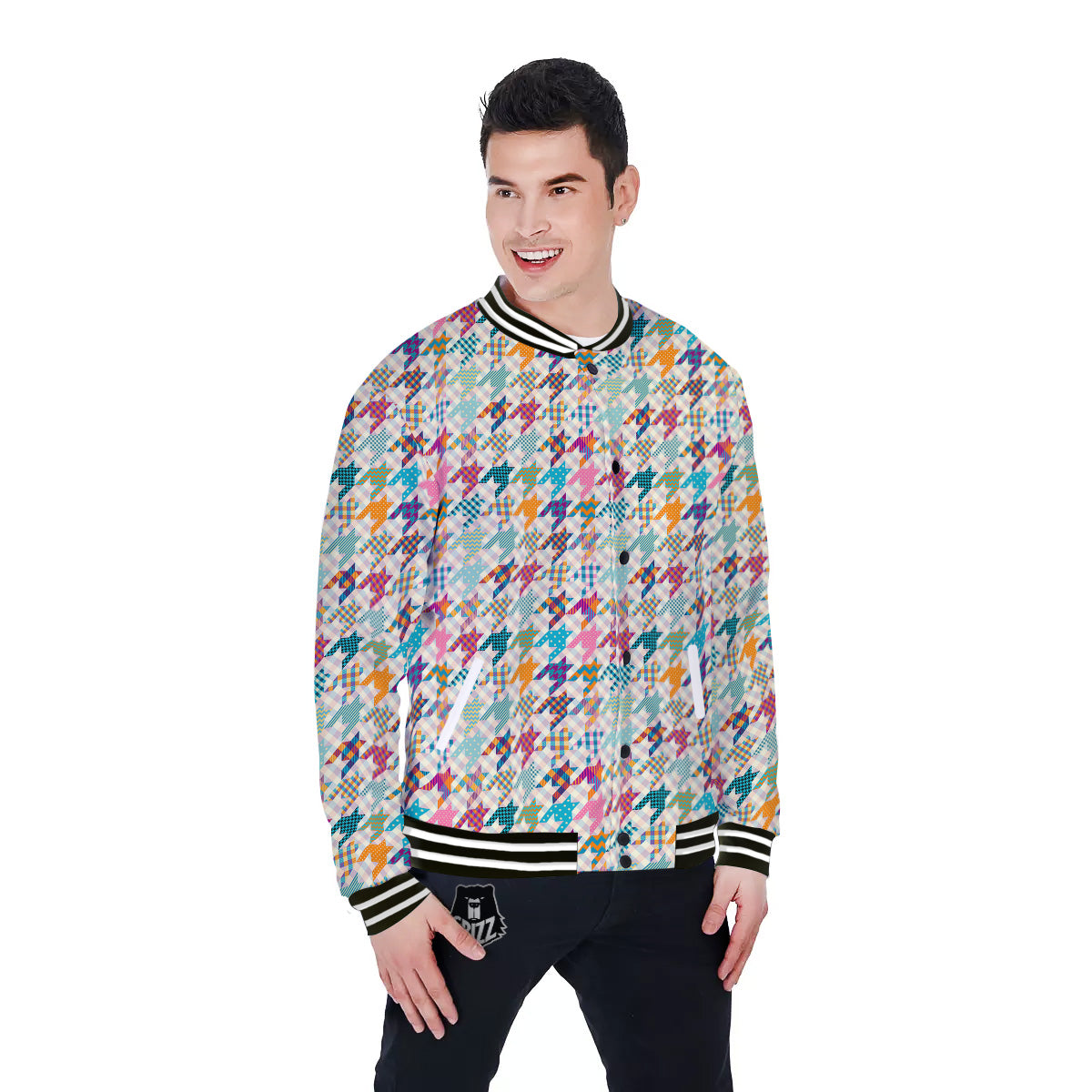 Houndstooth Colorful Plaid Print Pattern Baseball Jacket-grizzshop
