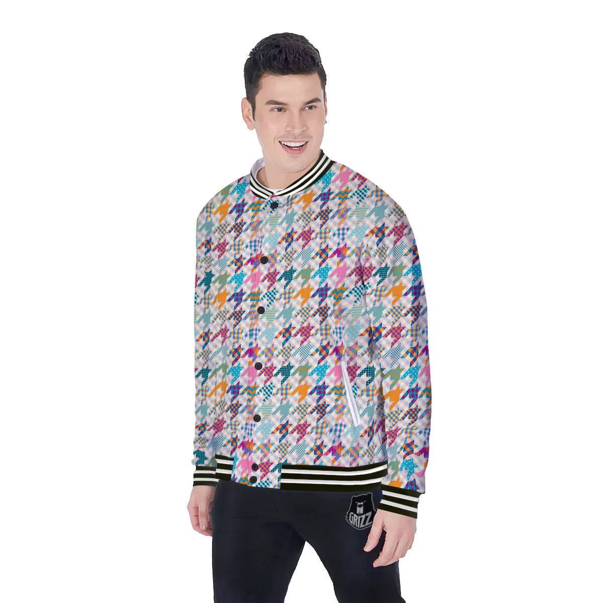 Houndstooth Colorful Plaid Print Pattern Baseball Jacket-grizzshop