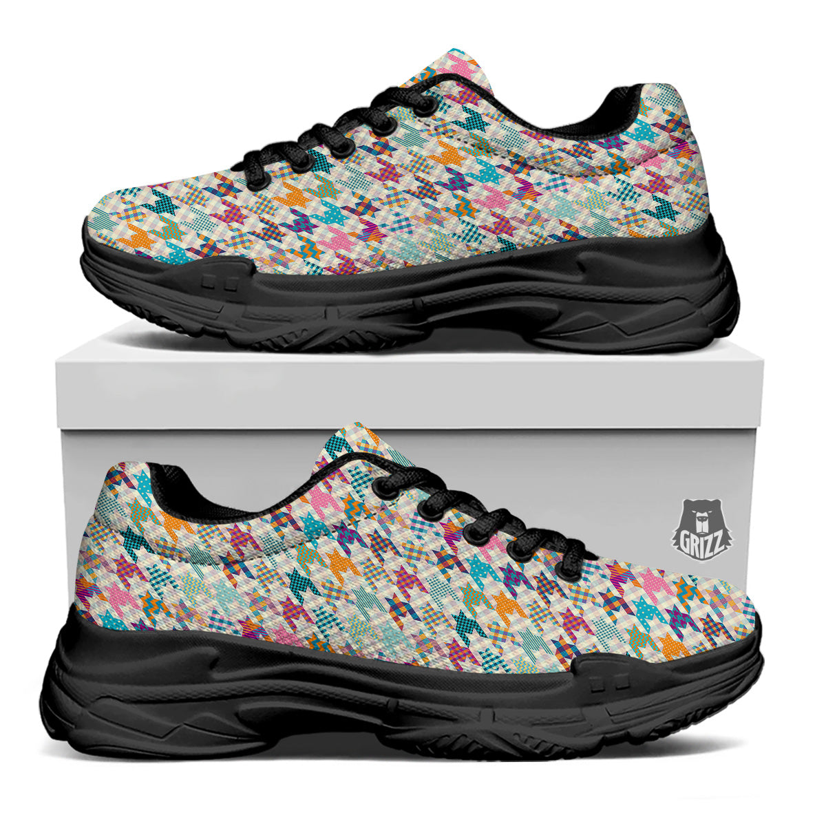 Houndstooth Colorful Plaid Print Pattern Black Chunky Shoes-grizzshop