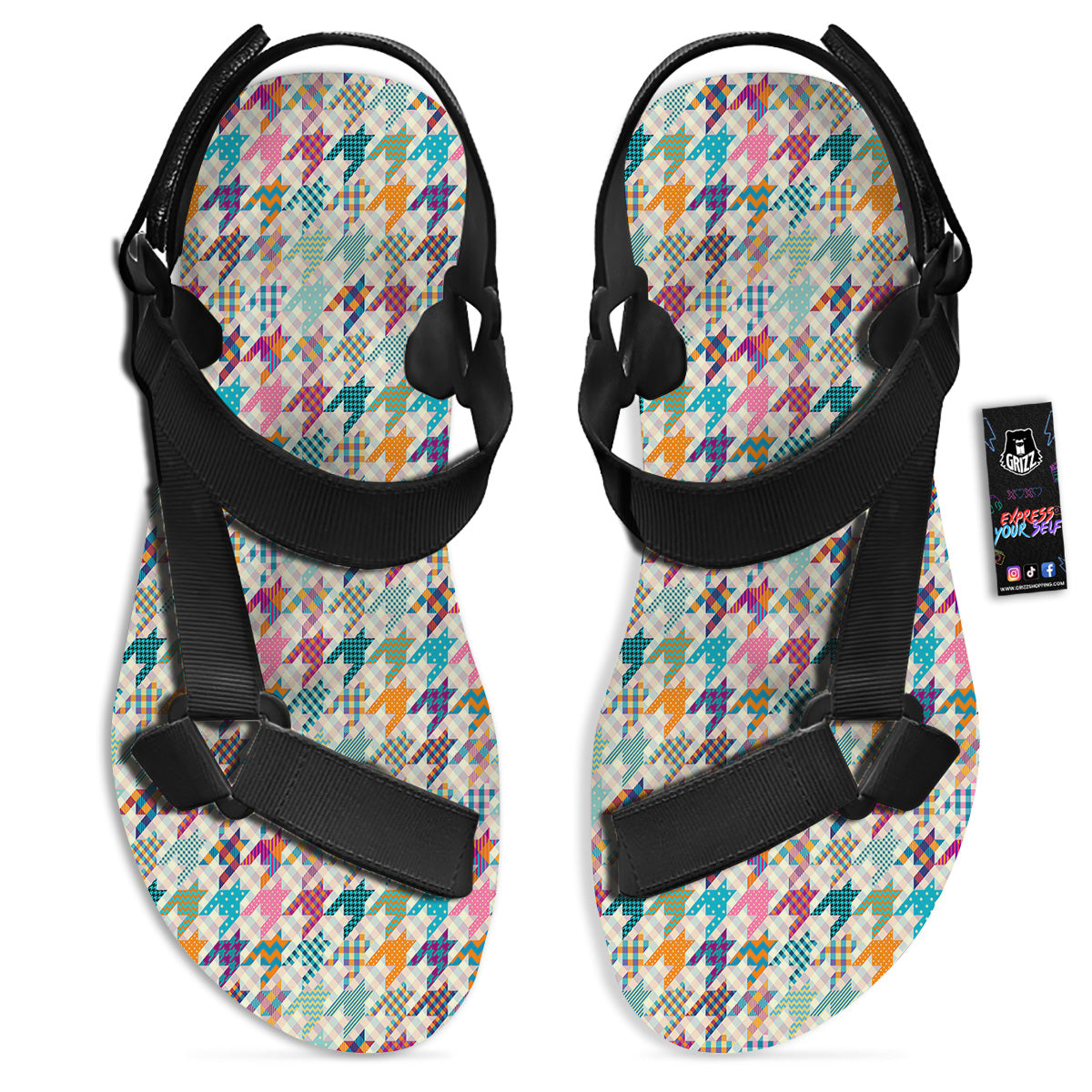 Houndstooth Colorful Plaid Print Pattern Black Open Toe Sandals-grizzshop